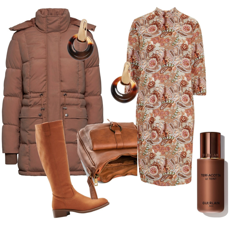 Outfit donna - Tubino fantasia. Stile Casual per Tutti i giorni. Abbinamento con borse a tracolla, stivali, vestiti midi/longuette, piumini, fondotinta, orecchini.