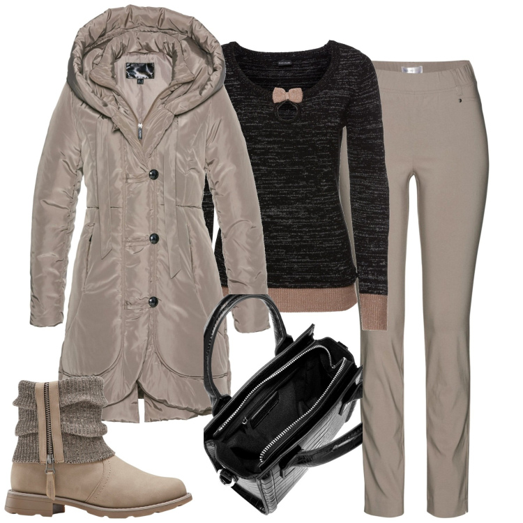 Outfit donna - A casa di amici. Stile Casual chic per Serata fuori. Abbinamento con maglieria, blazer, pantaloni, stivaletti, borse a mano.