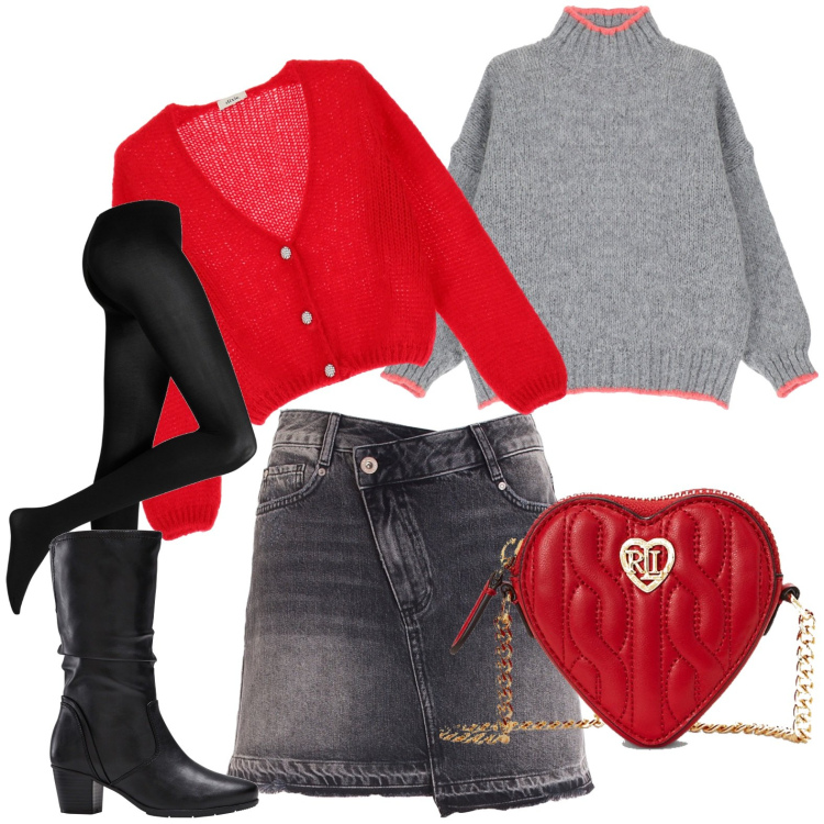 Outfit donna - Rosso e grigio. Stile Casual per Tutti i giorni. Abbinamento con stivali, collant, gonne, maglieria, cardigans, pochette.