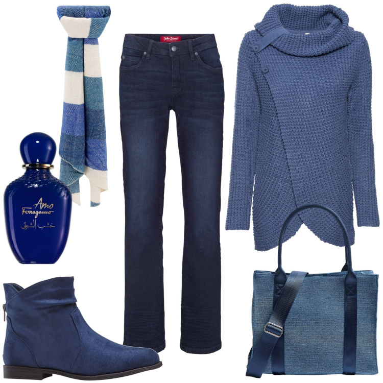 Outfit donna - Trendy borsa a contrasto blu denim. Stile Casual per Tutti i giorni. Abbinamento con jeans bootcut, stivaletti, maglieria, profumi, shopping bag, sciarpe.