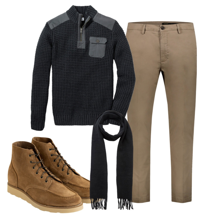 Outfit uomo - City. Stile Trendy per Tutti i giorni. Abbinamento con maglieria, sciarpe, stivali e stivaletti, pantaloni chino.
