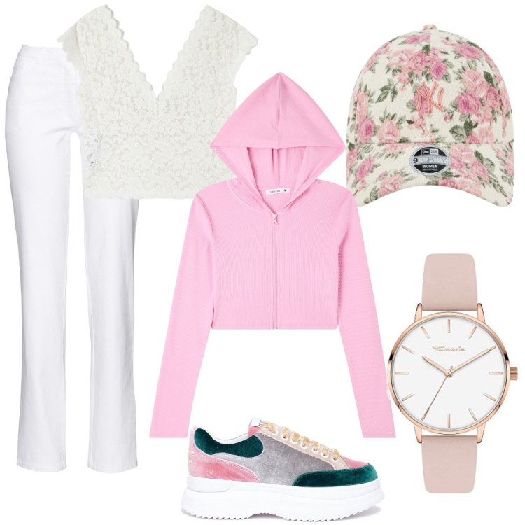 Outfit donna - Total look #1800362. Stile Urban per Tutti i giorni. Abbinamento con pantaloni, t-shirt, cardigans, sneakers, orologi, cappelli.