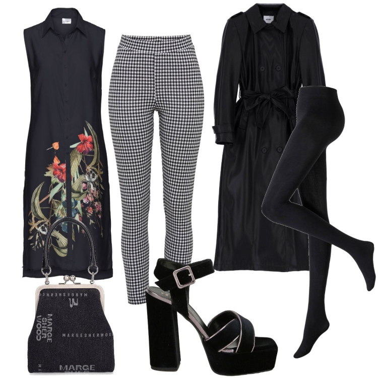 Outfit donna - Total look #1800384. Stile Trendy per Serata fuori. Abbinamento con collant, camicie, leggings, trench, décolleté, borse a mano.
