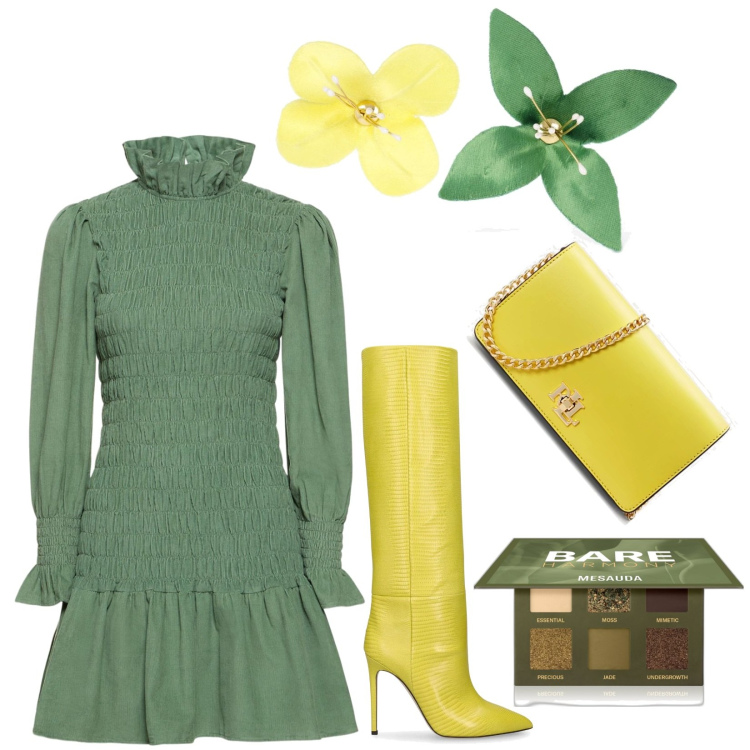 Outfit donna - Total look #1800387. Stile Trendy per Tutti i giorni. Abbinamento con ombretti, borse a mano, vestiti, orecchini, stivali.