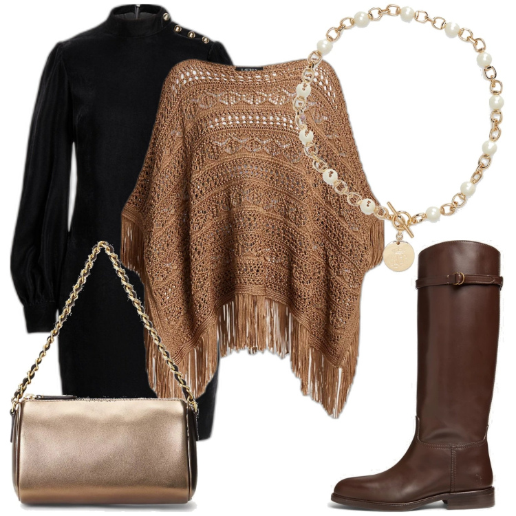 Outfit donna - Total look #1800414. Stile Casual chic per Serata fuori. Abbinamento con collane, cappotti, borse a spalla, stivali, vestiti.
