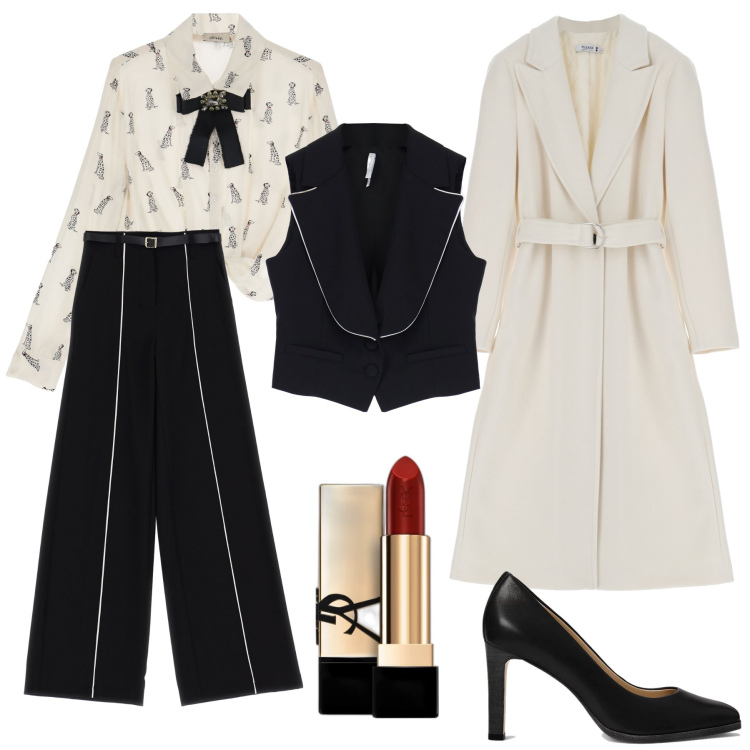 Outfit donna - Cena con i fiocchi !. Stile Glamour per Serata fuori. Abbinamento con rossetti, cappotti, pantaloni a palazzo, gilet, décolleté, camicie.