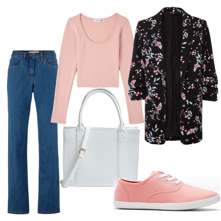 Outfit donna - Commissioni in città. Stile Casual chic per Tutti i giorni. Abbinamento con blazer, jeans, sneakers, maglieria, shopping bag.