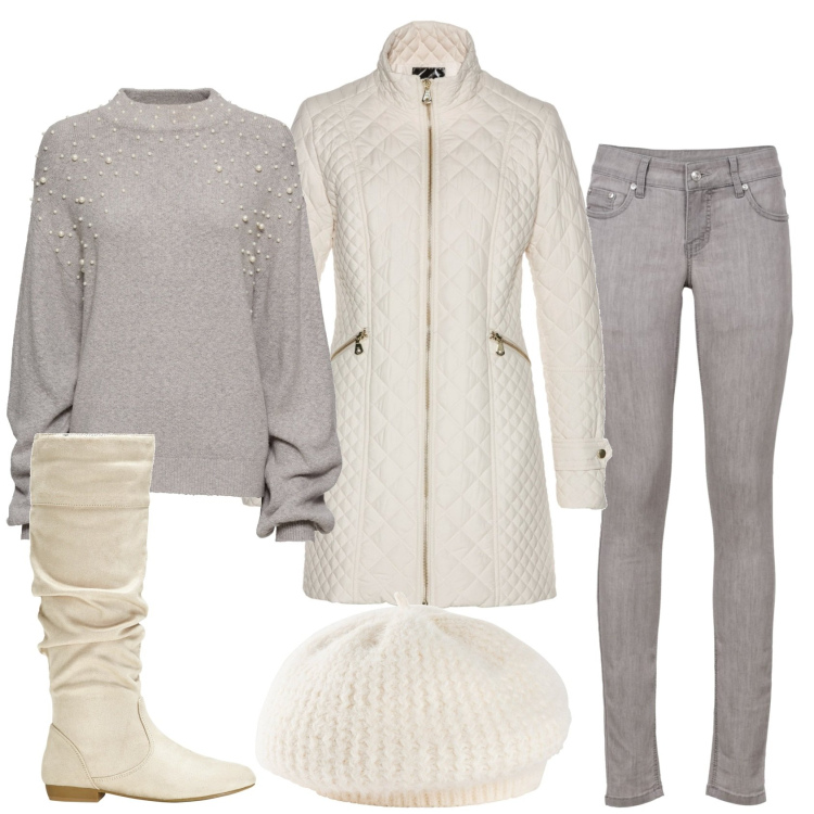 Outfit donna - Total look #1800456. Stile Casual chic per Serata fuori. Abbinamento con blazer, maglieria, stivali, jeans skinny, cappelli e berretti.