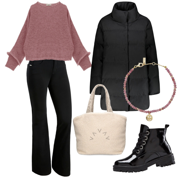 Outfit donna - Romantica sportiva. Stile Minimal per Tutti i giorni. Abbinamento con stivaletti, braccialetti, pantaloni, pullovers, piumini, shopping bag.