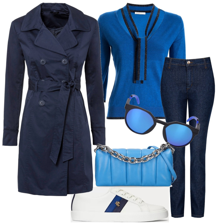Outfit donna - Total look #1800485. Stile Casual per Tutti i giorni. Abbinamento con trench, jeans skinny, maglieria, sneakers, borse a spalla, occhiali da sole.