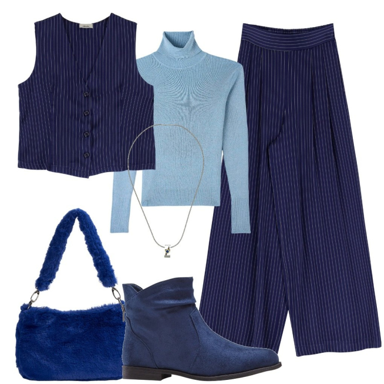 Outfit donna - Microrighe blu. Stile Mannish per Scuola/Università. Abbinamento con stivaletti, maglieria, borse a spalla, pantaloni a palazzo, gilet, ciondoli.