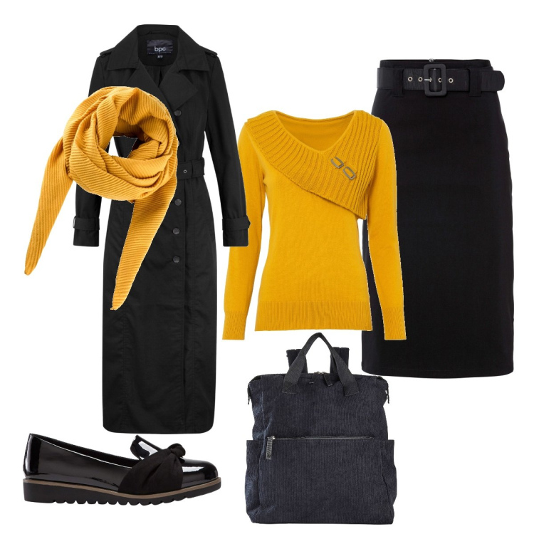 Outfit donna - Un raggio di sole. Stile Minimal per Serata fuori. Abbinamento con foulard, zaini, maglieria, gonne longuette, trench, mocassini.