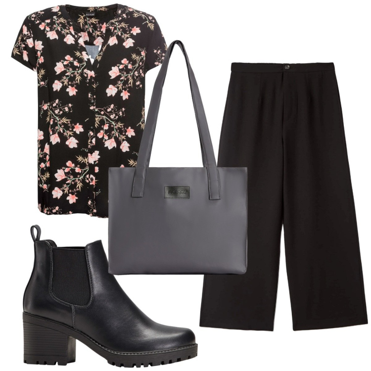 Outfit donna - Total look #1800558. Stile Trendy per Tutti i giorni. Abbinamento con camicie a manica corta, stivaletti chelsea, pantaloni, shopping bag.