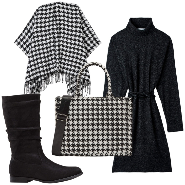 Outfit donna - Total look #1800570. Stile Trendy per Tutti i giorni. Abbinamento con stivali, vestiti, shopping bag, cappe.