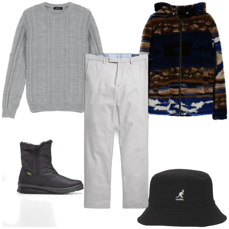 Outfit uomo - Total look #1800583. Stile Trendy per Tutti i giorni. Abbinamento con stivali e stivaletti, cappotti, pullovers, pantaloni chino, cappelli.