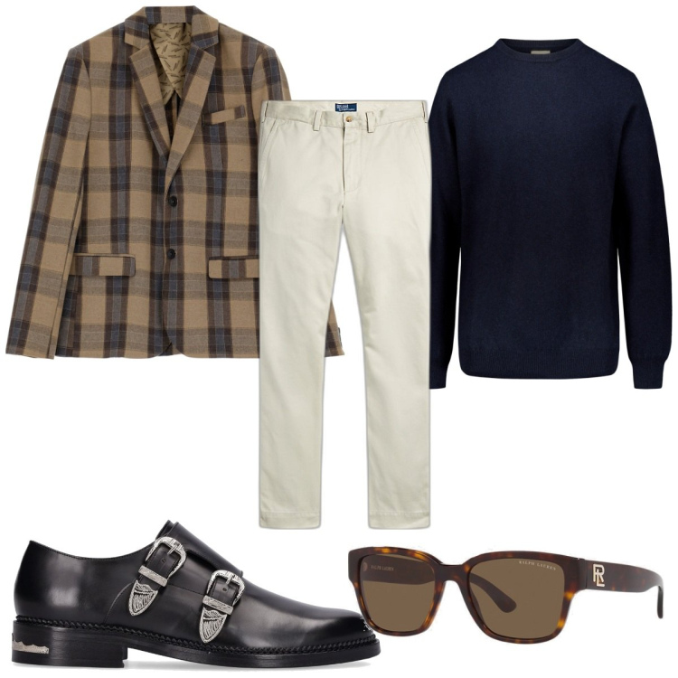 Outfit uomo - Total look #1800584. Stile Trendy per Tutti i giorni. Abbinamento con cappotti, occhiali da sole, pantaloni chino, maglieria, scarpe stringate.