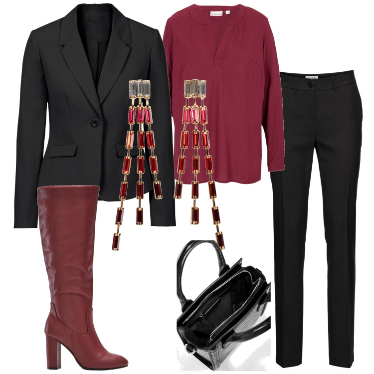 Outfit donna - In ufficio. Stile Casual chic per Serata fuori. Abbinamento con pantaloni, orecchini, blazer, stivali sopra il ginocchio, tuniche, borse a mano.