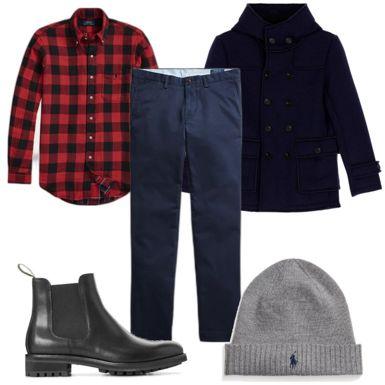 Outfit uomo - Total look #1800589. Stile Casual per Tutti i giorni. Abbinamento con cappotti, pantaloni, berretti, stivali e stivaletti, camicie.