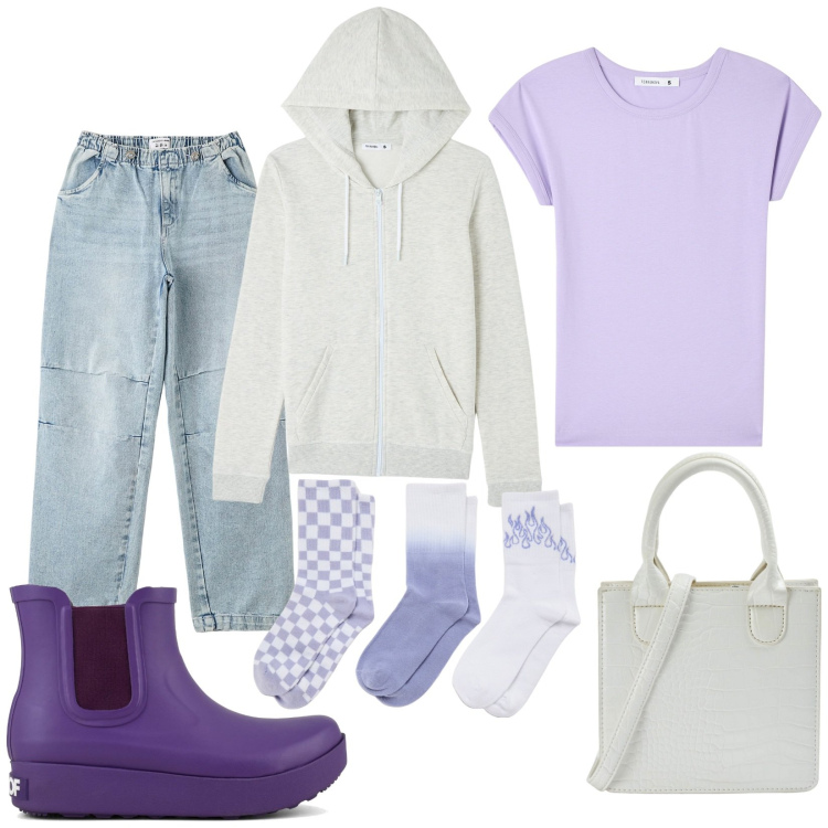 Outfit donna - Total look #1800599. Stile Basic per Scuola/Università. Abbinamento con t-shirt, jeans, shopping bag, calzini, felpe con cappuccio, stivali.