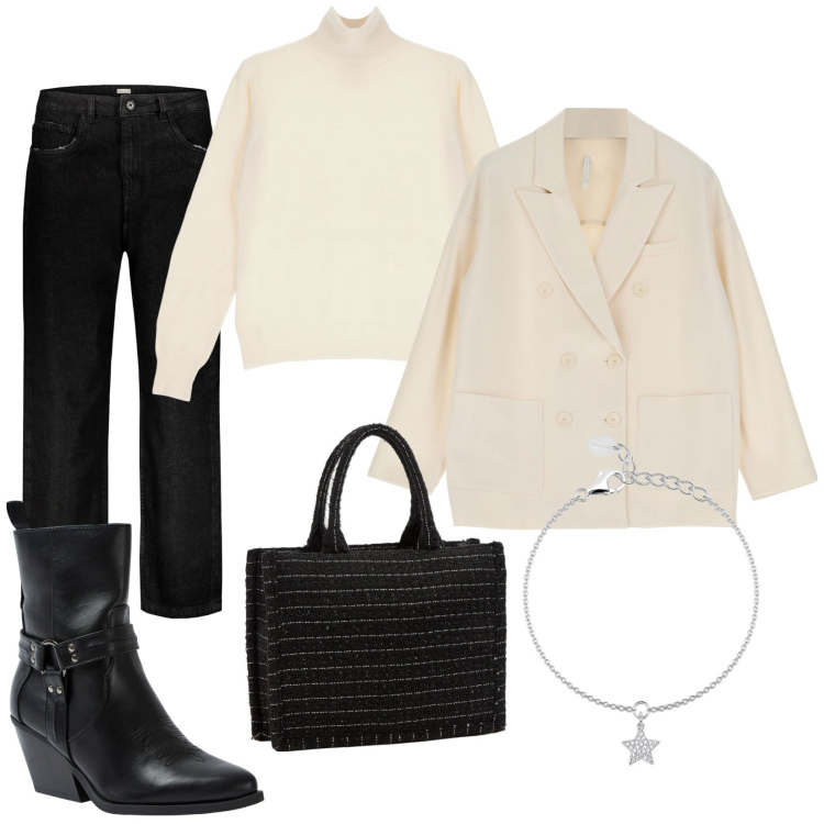 Outfit donna - Total look #1800606. Stile Casual chic per Tutti i giorni. Abbinamento con braccialetti con ciondoli, giacche, maglieria, jeans, shopping bag, stivaletti texani.