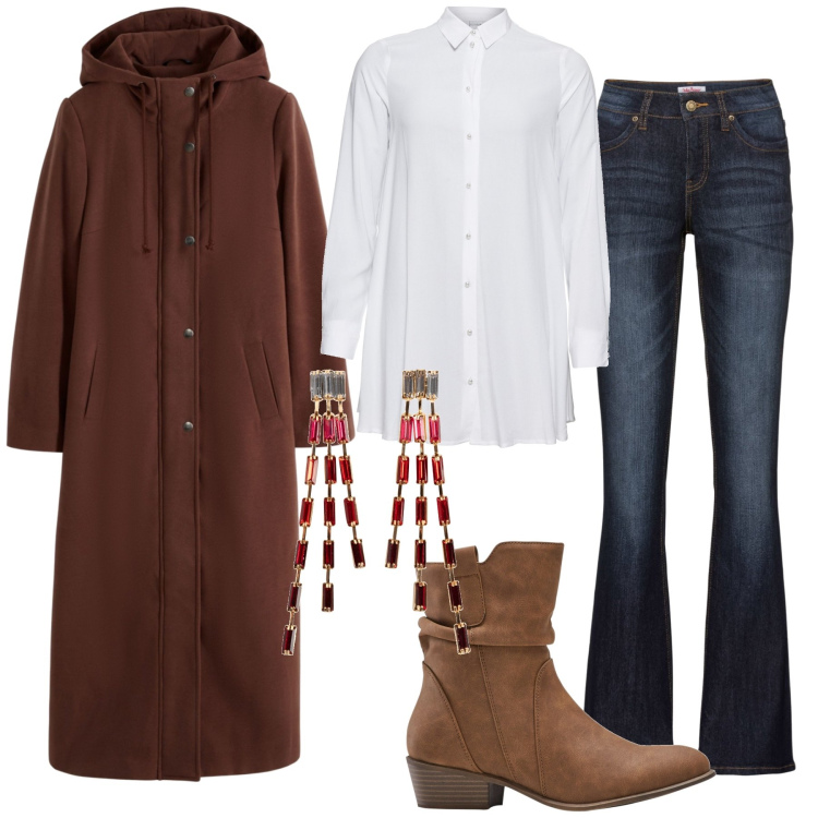 Outfit donna - Comfortable. per Serata fuori. Abbinamento con jeans bootcut, camicie, orecchini, cappotti, stivaletti texani.