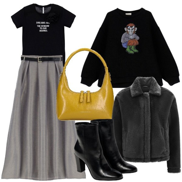 Outfit donna - Un giro in centro. Stile Urban per Tutti i giorni. Abbinamento con gonne longuette, t-shirt, cappotti, felpe, borse a mano, stivaletti.