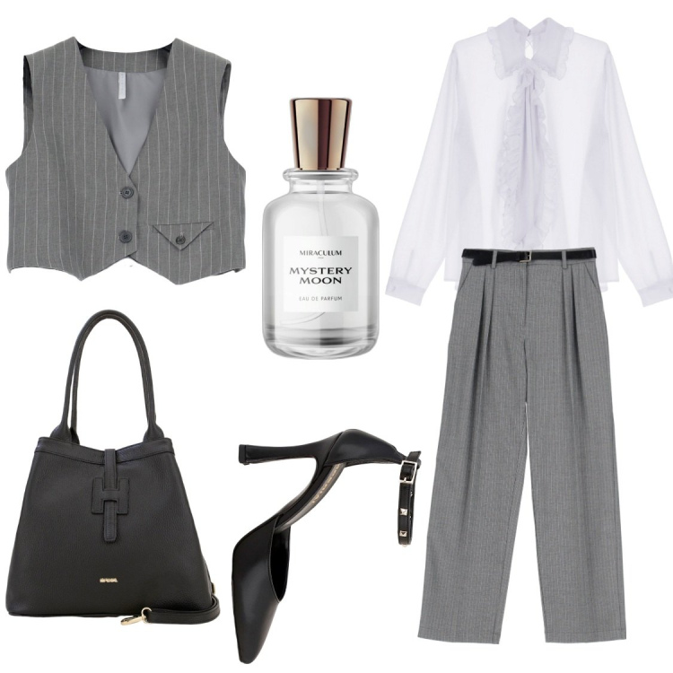 Outfit donna - La camicia con il fiocco. Stile Casual chic per Ufficio. Abbinamento con profumi, pantaloni a palazzo, gilet, borse a secchiello, décolleté, camicie.