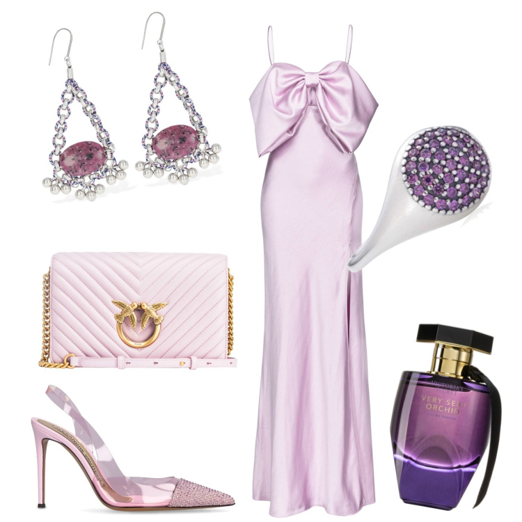 Outfit donna - Cerimonia. Stile Chic per Cerimonia. Abbinamento con profumi, vestiti lunghi, borse a tracolla, anelli, décolleté, orecchini.