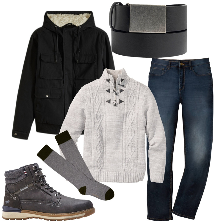 Outfit uomo - Inverno. Stile Casual per Tutti i giorni. Abbinamento con jeans dritti, maglieria, piumini, stivali e stivaletti, cinture, calzini.