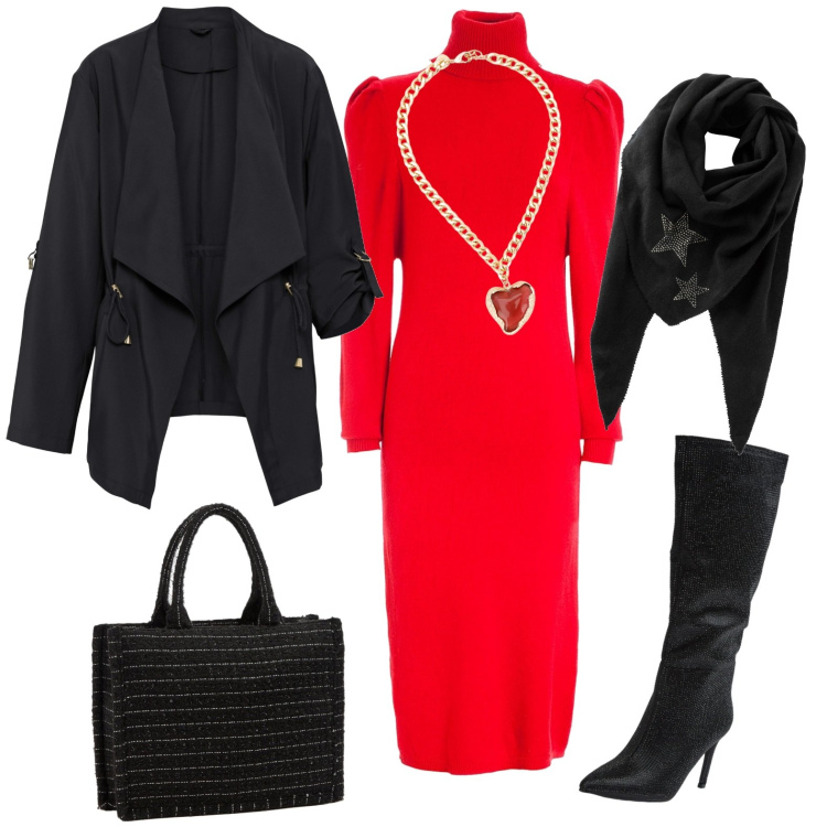 Outfit donna - Chic. Stile Chic per Serata fuori. Abbinamento con foulard, blazer, stivali sopra il ginocchio, shopping bag, vestiti lunghi, collane.