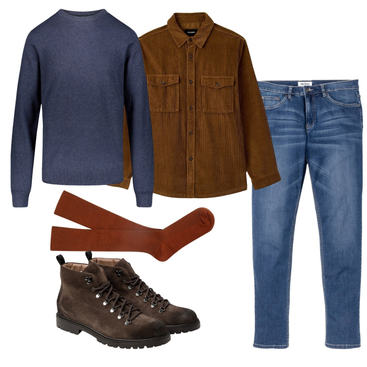 Outfit uomo - Inverno. Stile Casual per Tutti i giorni. Abbinamento con jeans, cappotti, maglieria, stivali e stivaletti, calzini.
