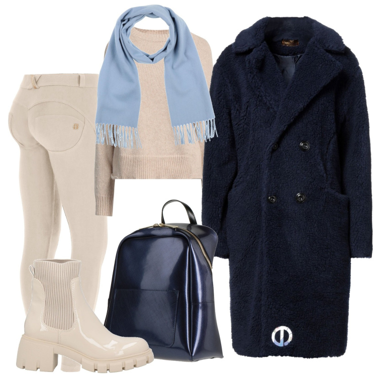 Outfit donna - Total look #1800639. Stile Casual per Tutti i giorni. Abbinamento con stivaletti, cappotti, pullovers, zaini, sciarpe, pantaloni skinny.