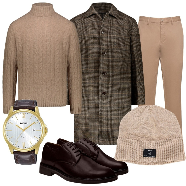 Outfit uomo - Classico ma giovane. Stile Urban per Ufficio. Abbinamento con berretti, scarpe stringate, cappotti, maglieria, orologi, pantaloni chino.