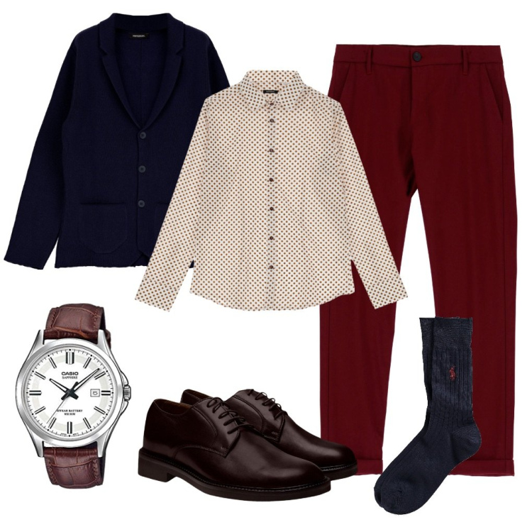 Outfit uomo - Rosso d\'ufficio.. Stile Casual per Ufficio. Abbinamento con cappotti, pantaloni, camicie, calzini, scarpe stringate, orologi analogici.