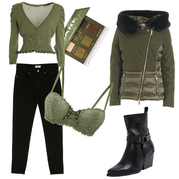 Outfit donna - Total look #1800714-Gennaio. Stile Urban per Tutti i giorni. Abbinamento con reggiseni a balconcino, ombretti, stivaletti texani, blazer, cardigans, pantaloni.