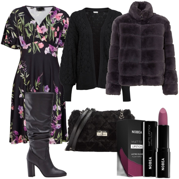 Outfit donna - Total look #1800716. Stile Bon Ton per Serata fuori. Abbinamento con cardigans, vestiti, ecopellicce, stivali sopra il ginocchio, rossetti, borse a spalla.