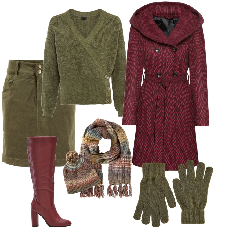 Outfit donna - Proiezione al calduccio. Stile Sporty chic per Tutti i giorni. Abbinamento con maglieria, cappotti, gonne lunghe, stivali sopra il ginocchio, sciarpe, guanti.