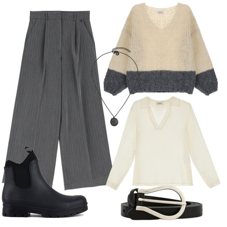 Outfit donna - La polo in maglia.. Stile Casual chic per Tutti i giorni. Abbinamento con maglieria, pantaloni a palazzo, maglieria, cinture, stivali, collane.