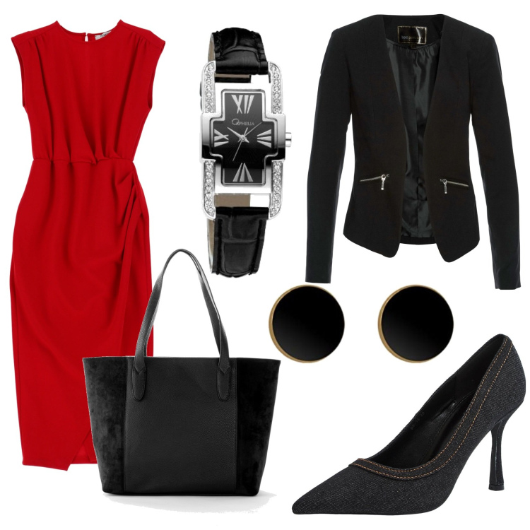 Outfit donna - Total look #1800745. Stile Chic per Ufficio. Abbinamento con blazer, shopping bag, décolleté, vestiti midi/longuette, orologi, orecchini.