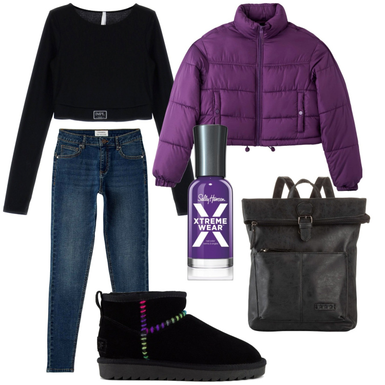 Outfit donna - Young. Stile Urban per Tutti i giorni. Abbinamento con zaini, smalti, jeans skinny, piumini, maglieria, stivali.