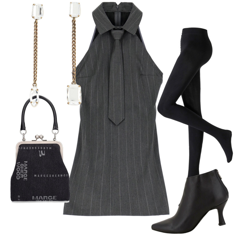 Outfit donna - Serata. Stile Trendy per Serata fuori. Abbinamento con collant, vestiti corti, stivaletti, orecchini, borse a mano.