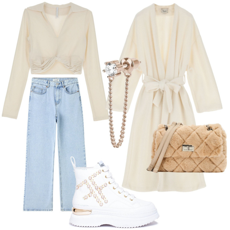 Outfit donna - Total look #1800755. Stile Casual chic per Tutti i giorni. Abbinamento con jeans, borse a spalla, orecchini, sneakers, maglieria, cappotti.