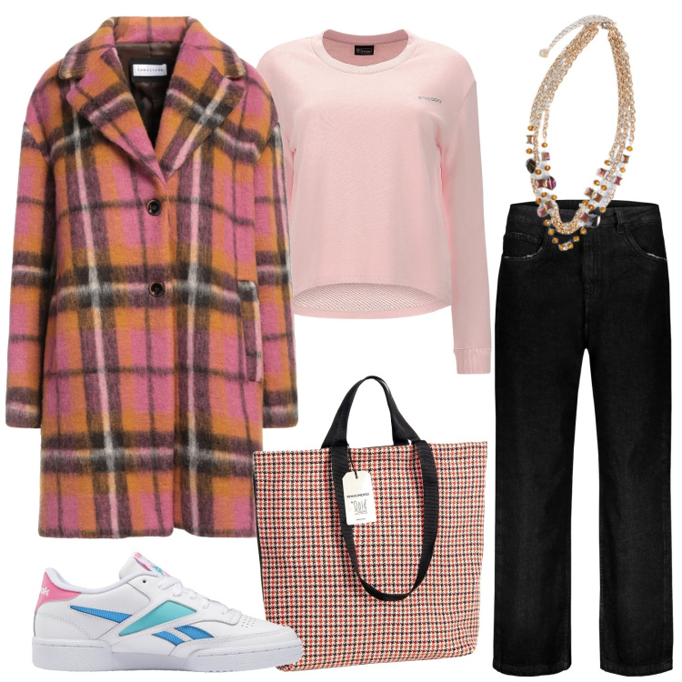 Outfit donna - Al caldo coi quadri. Stile Casual per Scuola/Università. Abbinamento con cappotti, sneakers, collane, borse tote, felpe, jeans.