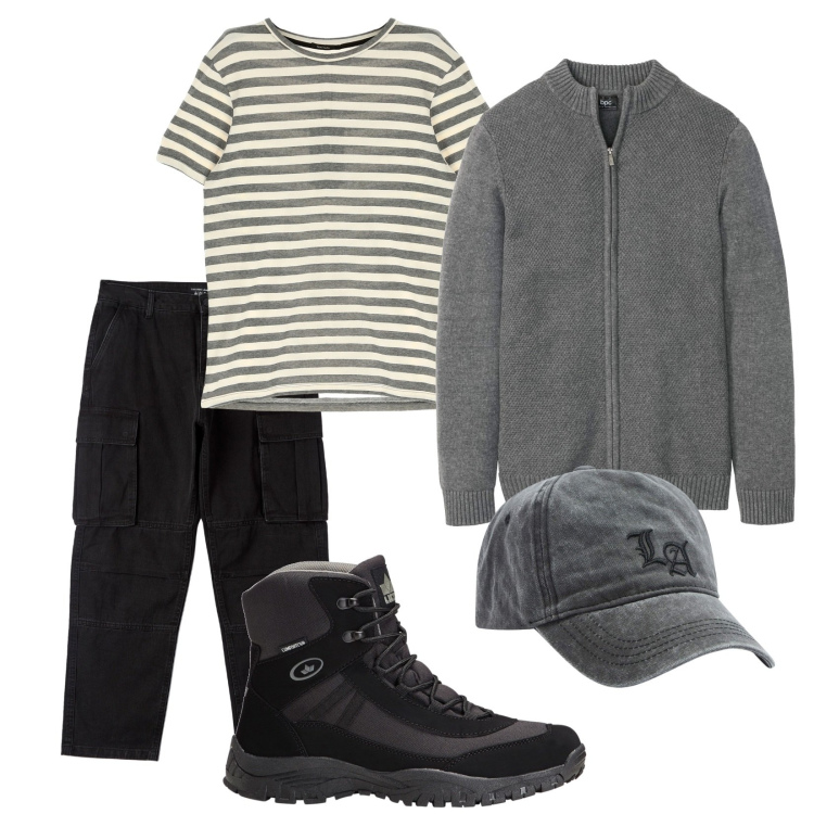 Outfit uomo - Casual. Stile Casual per Tutti i giorni. Abbinamento con cardigans, stivali e stivaletti, jeans, cappelli, t-shirt.