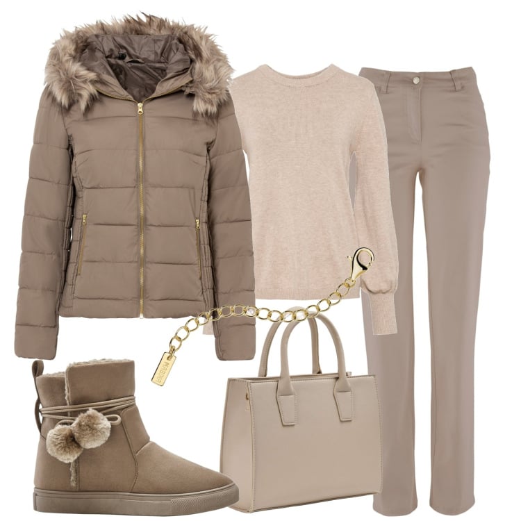 Outfit donna - Shopping time. Stile Basic per Tutti i giorni. Abbinamento con maglieria, pantaloni, giacche, stivaletti, collane, shopping bag.