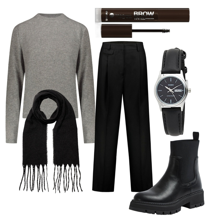 Outfit donna - Total look #1800768. Stile Bon Ton per Ufficio. Abbinamento con mascara, stivali sopra il ginocchio, pantaloni, orologi, sciarpe, maglieria.
