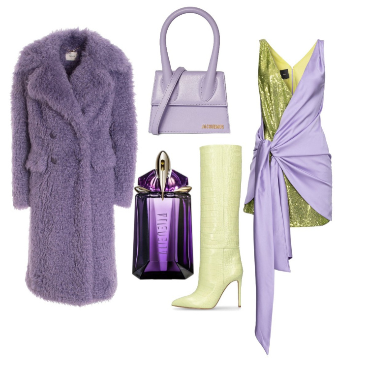 Outfit donna - Inizia l\'anno con un tocco glam. Stile Trendy per Serata fuori. Abbinamento con profumi, vestiti lunghi, cappotti, stivali, borse a mano.