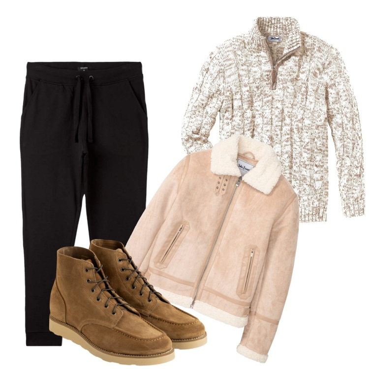 Outfit uomo - Melange e montone. Stile Urban per Tutti i giorni. Abbinamento con maglieria, bomber, pantaloni sportivi, stivali e stivaletti.