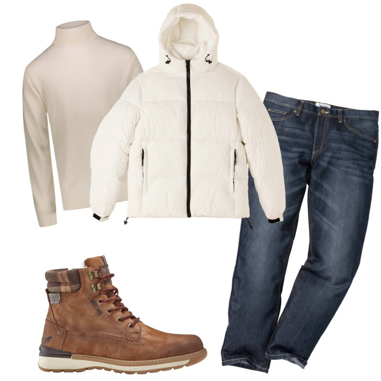 Outfit uomo - Latte. Stile Casual per Tutti i giorni. Abbinamento con jeans dritti, stivali e stivaletti, piumini, maglieria.