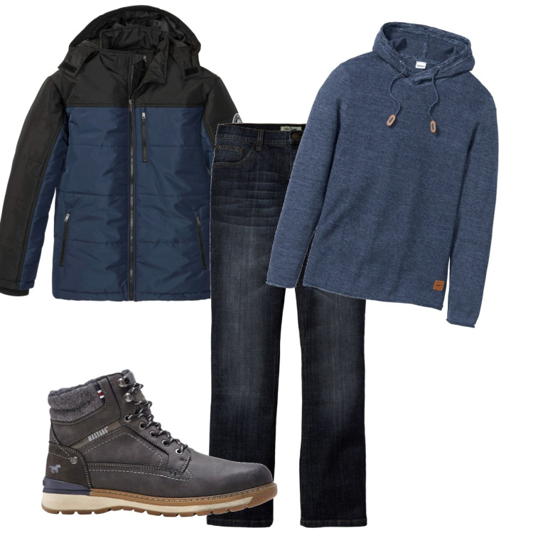 Outfit uomo - Urban blu. Stile Urban per Tutti i giorni. Abbinamento con maglieria, cappotti, stivali e stivaletti, jeans bootcut.